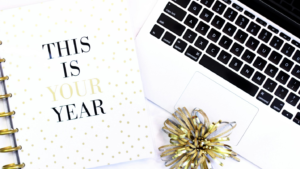 Close up of laptop keyboard with a new year message